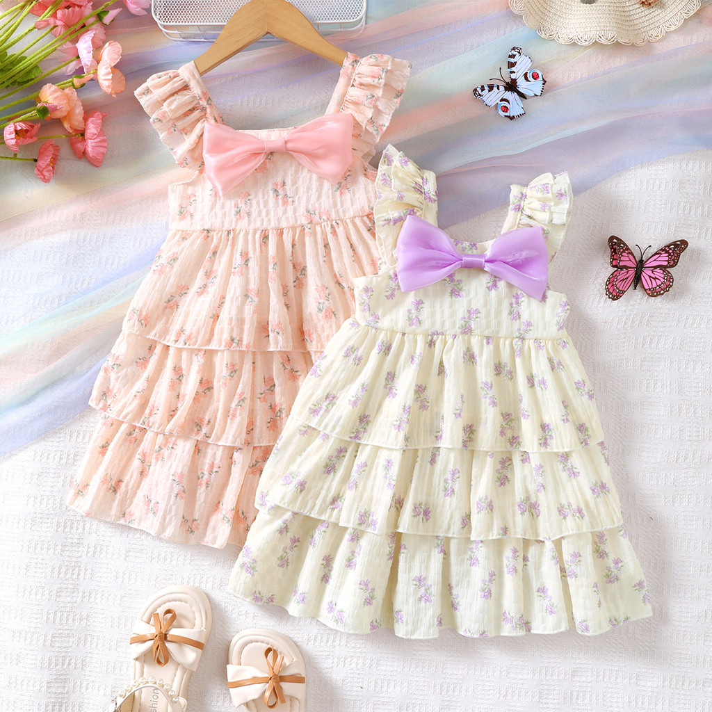 Catpapa boy/ Dress for 1-6Years Baby&Child Layered pink purple bow paired with casual / Kids fancy dresses / fashionable, breathable floral patterns for spring and summer seasons Dress Outfit