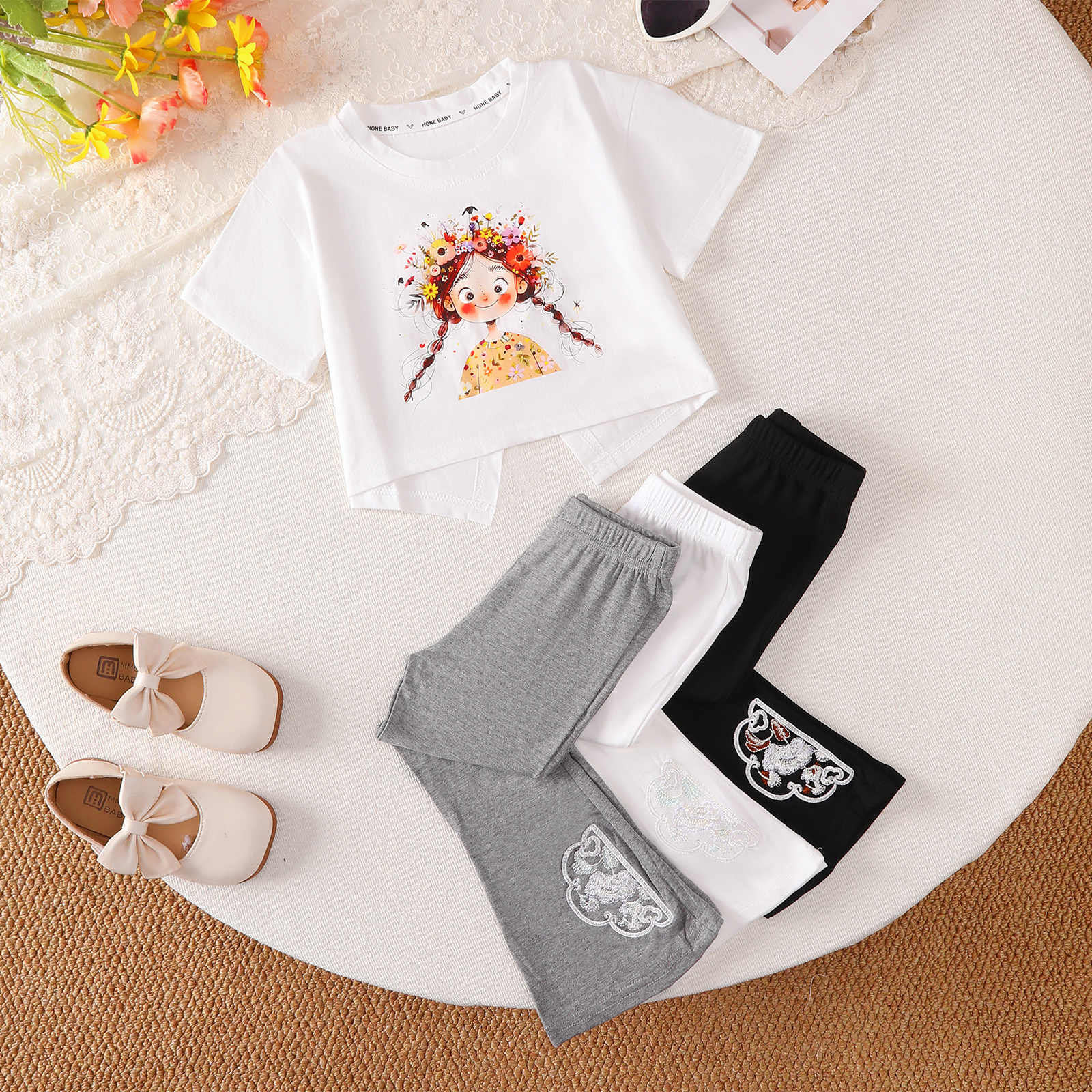 【Buy 3 Pants Get 1 Tee Free 】1-7Y Girls'  Graphic Irregular Hem T-Shirt +Multi-Color Embroidery Flare Leg Trousers Bundle,, Breathable & Stretchable, for Summer Playdates & Daily Activi