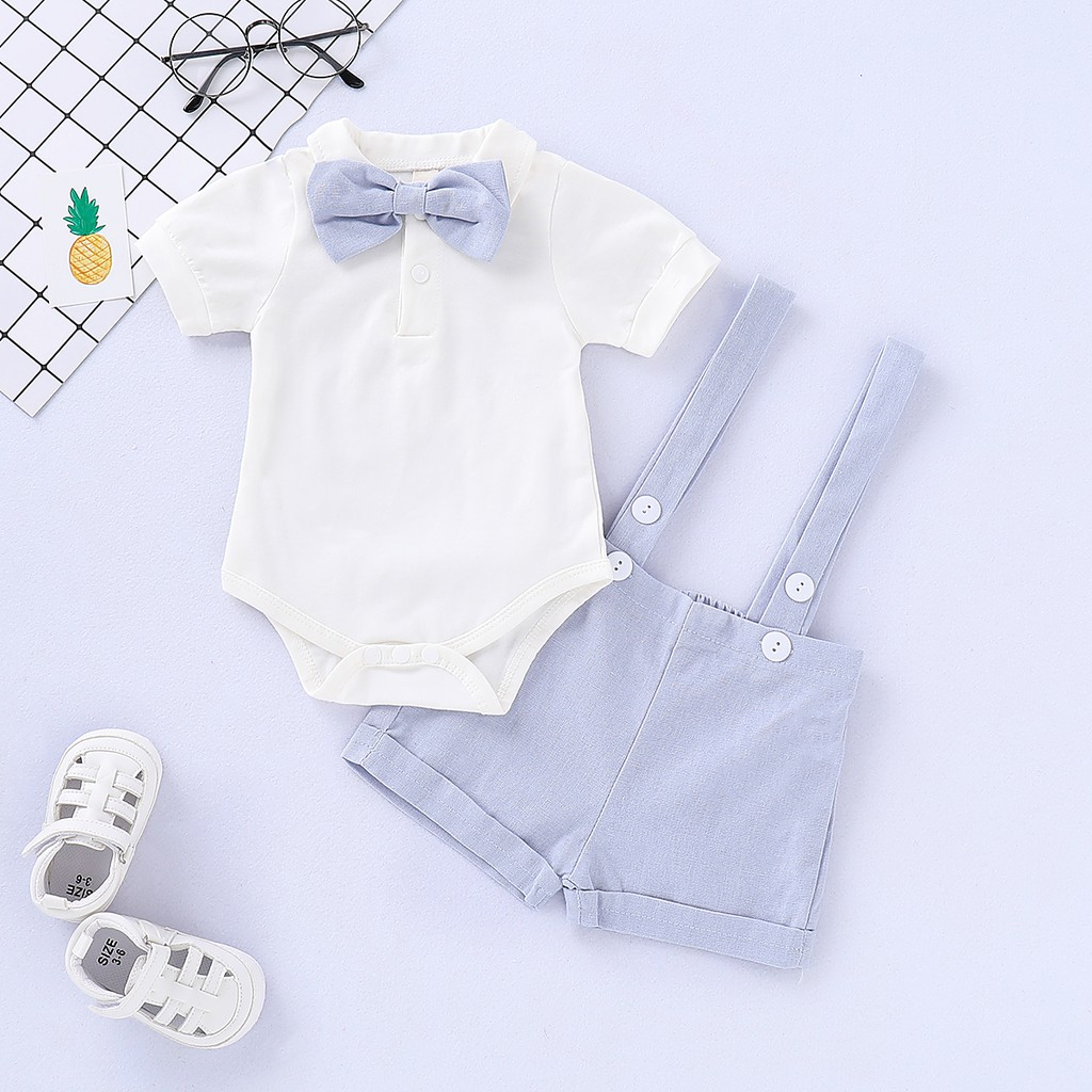 Catpapa boy |【2PCS】 6M-3Y Baby Boy Formal Outfit | Short Sleeve Shirt + Suspender Shorts with Bow Tie | Boys clothes fashions |Party Casual Wear