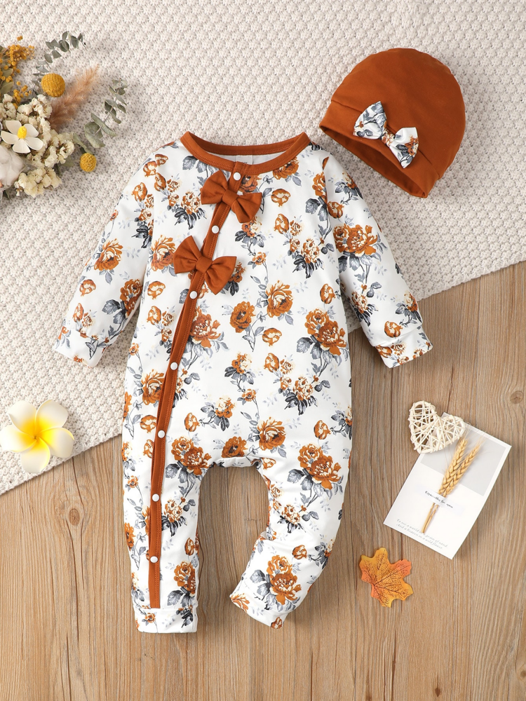 【0-18Months】 Newborn Baby Girl 2PCS Floral Print Romper Set, Long Sleeve Front Snap Jumpsuit with Bow Hat, Sweet Infant Outfit，Baby clothes for newborns