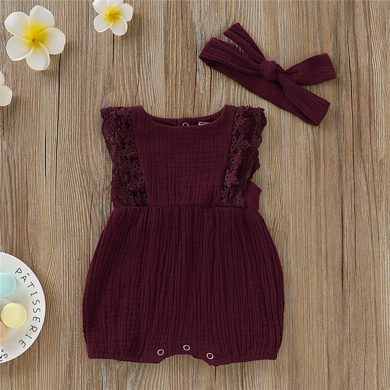 Catpapa girl |【2PCS】 0-18M Baby Girl Set | Lace Trim Romper + Matching Bow Headband | Baby girls clothes sets outfits | Cute baby dresses | 3 months baby girl dress | Soft Summer Outfit