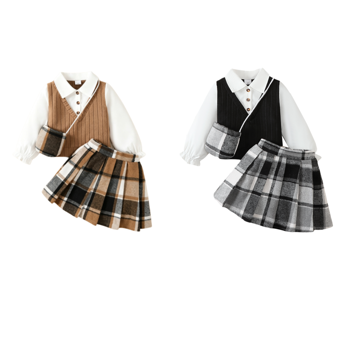 Catpapa girl |【3PCS】 4-7Y Toddler Girl Preppy Outfit | 2-in-1  Knit Vest White Shirt + Plaid Pleated Skirt + Matching Crossbody Bag | Kids fancy dresses | Catapa dresses| Kids fancy| Cool School Style