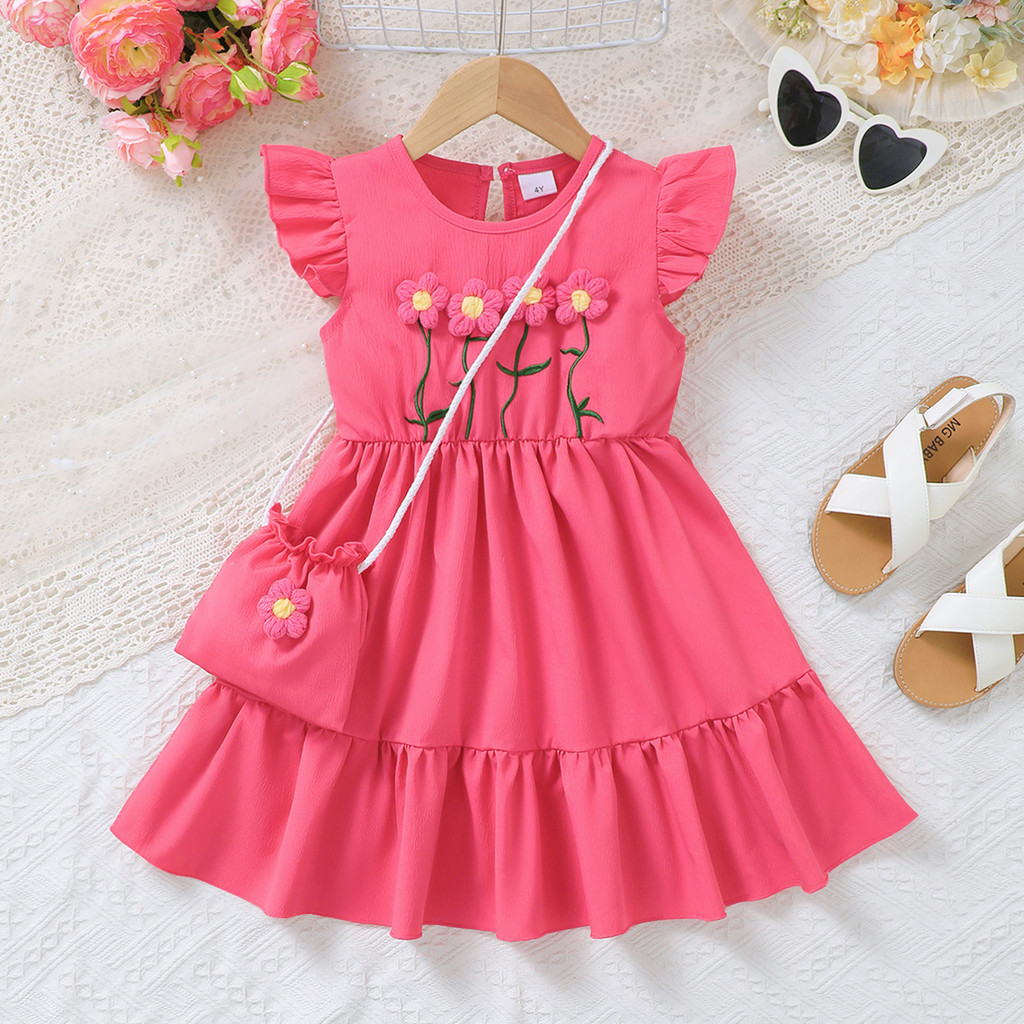 Catpapa girl |【2PCS】 18M-6Y Toddler Girl Set | Floral Embroidery Dress with Ruffle Hem + Matching Flower Bag | Kids fancy dresses| Baby girl dresses|Elegant Casual Wear
