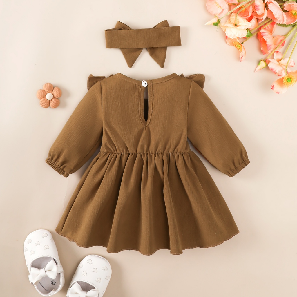 Dress for 1-18Months Newborn&Toddler Baby Girl Dress with Ruffled Edges and Bow, Long Sleeved Dress and Headband Set