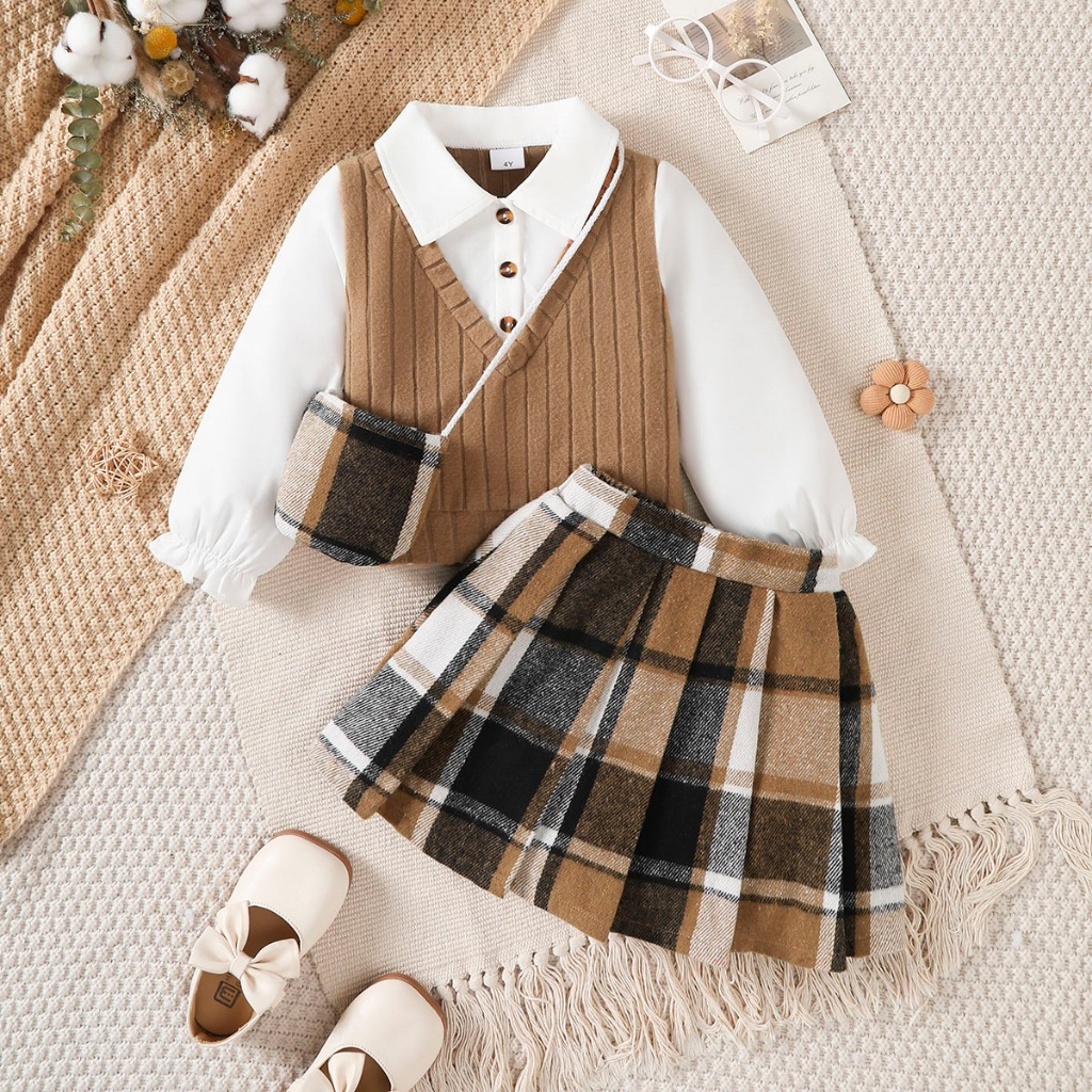 Catpapa girl |【3PCS】 4-7Y Toddler Girl Preppy Outfit | 2-in-1  Knit Vest White Shirt + Plaid Pleated Skirt + Matching Crossbody Bag | Kids fancy dresses | Catapa dresses| Kids fancy| Cool School Style
