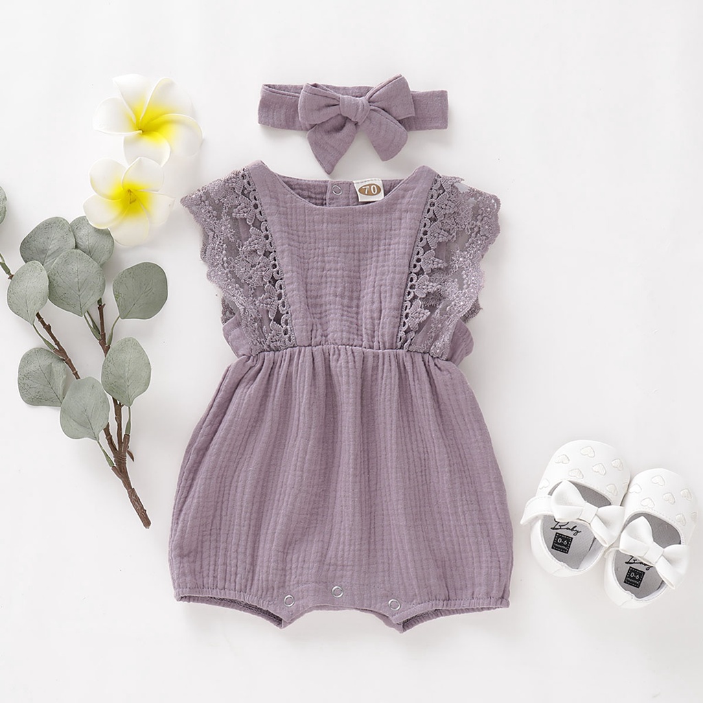 Catpapa girl |【2PCS】 0-18M Baby Girl Set | Lace Trim Romper + Matching Bow Headband | Baby girls clothes sets outfits | Cute baby dresses | 3 months baby girl dress | Soft Summer Outfit