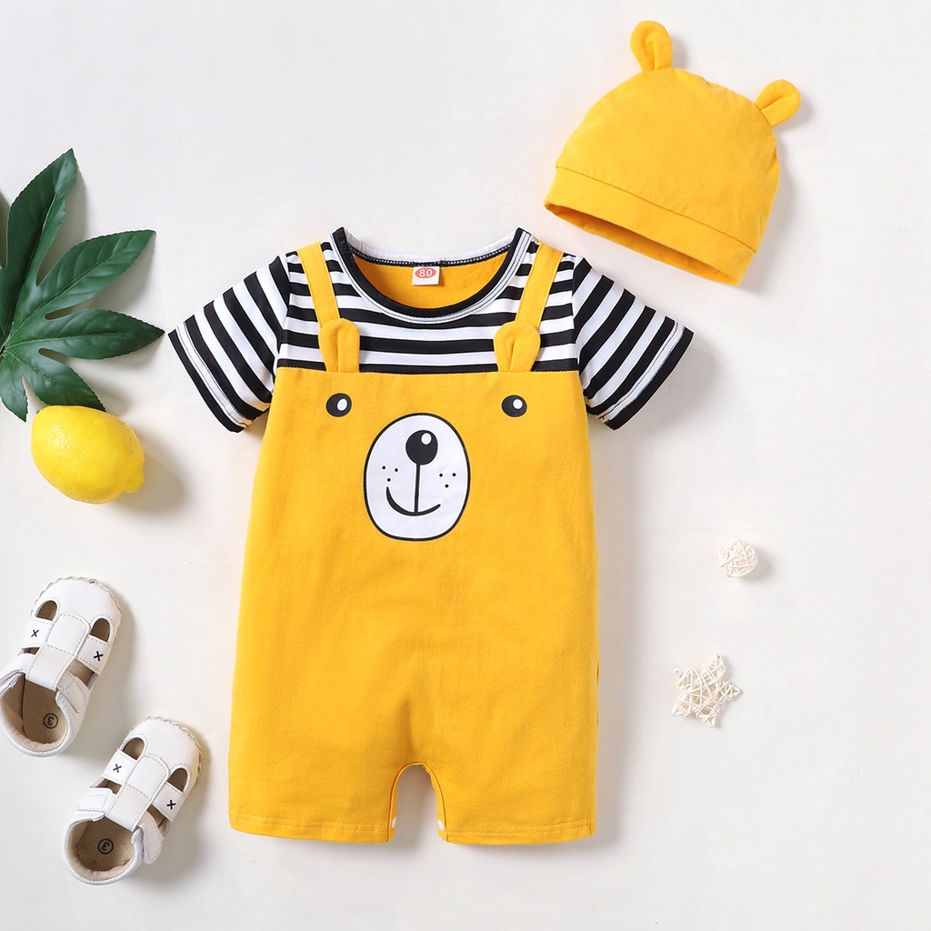 【2PCS】 0-18M Baby Boy Set | Brown Bear Print Romper + Matching Bear Ear Hat | Cute Summer Outfit