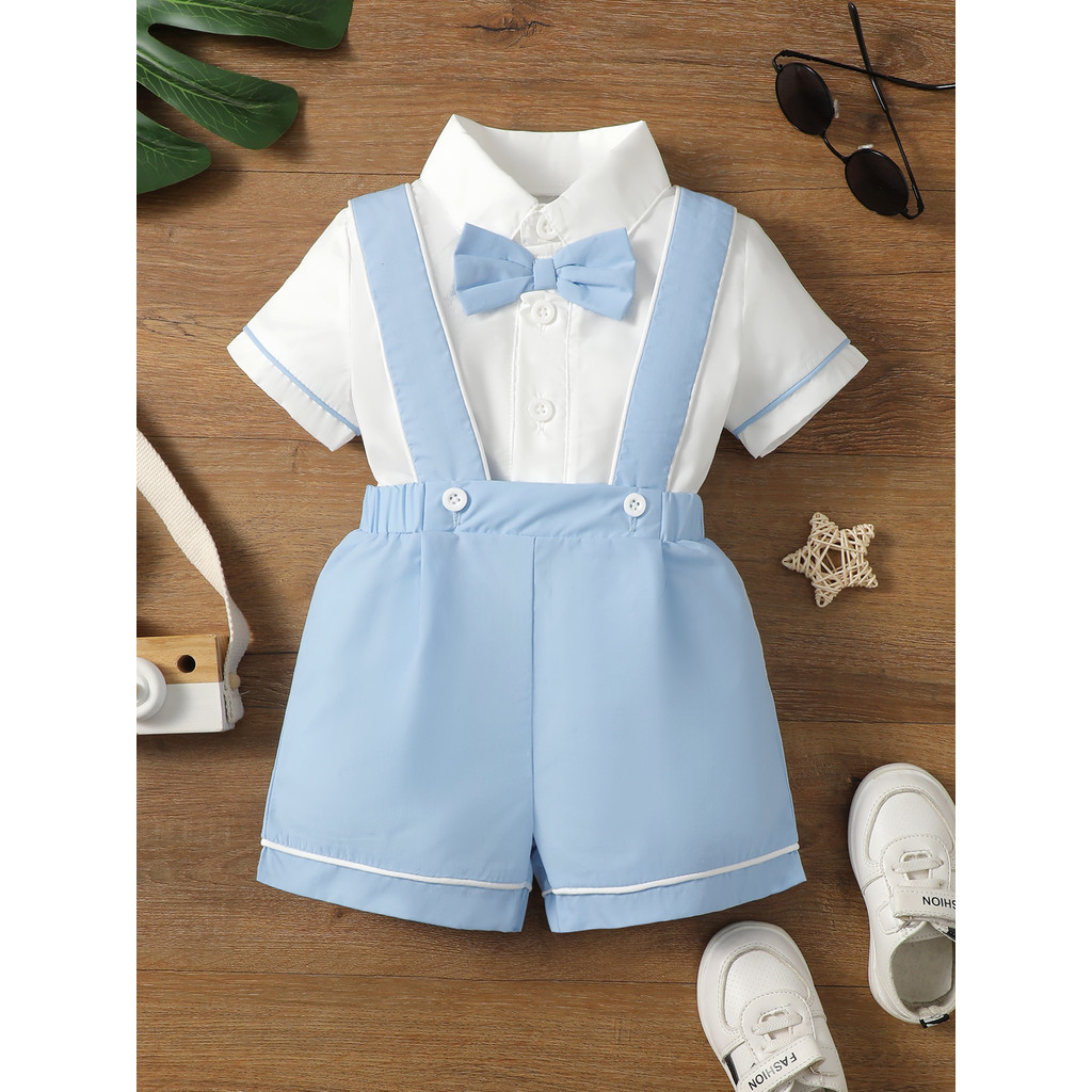 Catpapa boy |【2PCS】 6M-3Y Baby Boy Formal Outfit | Short Sleeve Shirt + Suspender Shorts with Bow Tie | Boys clothes fashions |Party Casual Wear