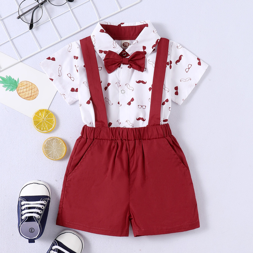 Catpapa boy |【2PCS】 6M-3Y Baby Boy Formal Outfit | Short Sleeve Shirt + Suspender Shorts with Bow Tie | Boys clothes fashions |Party Casual Wear