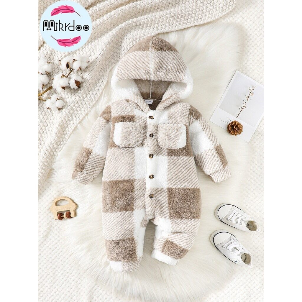 Catpapa boy /【3-24M】 Baby Boy Khaki Plaid Hooded Fleece Jumpsuit | Autumn Winter Warm Crawling Suit | Plush Long-Sleeve Outdoor Romper for Infants | Babies dress |  2 years old clothes