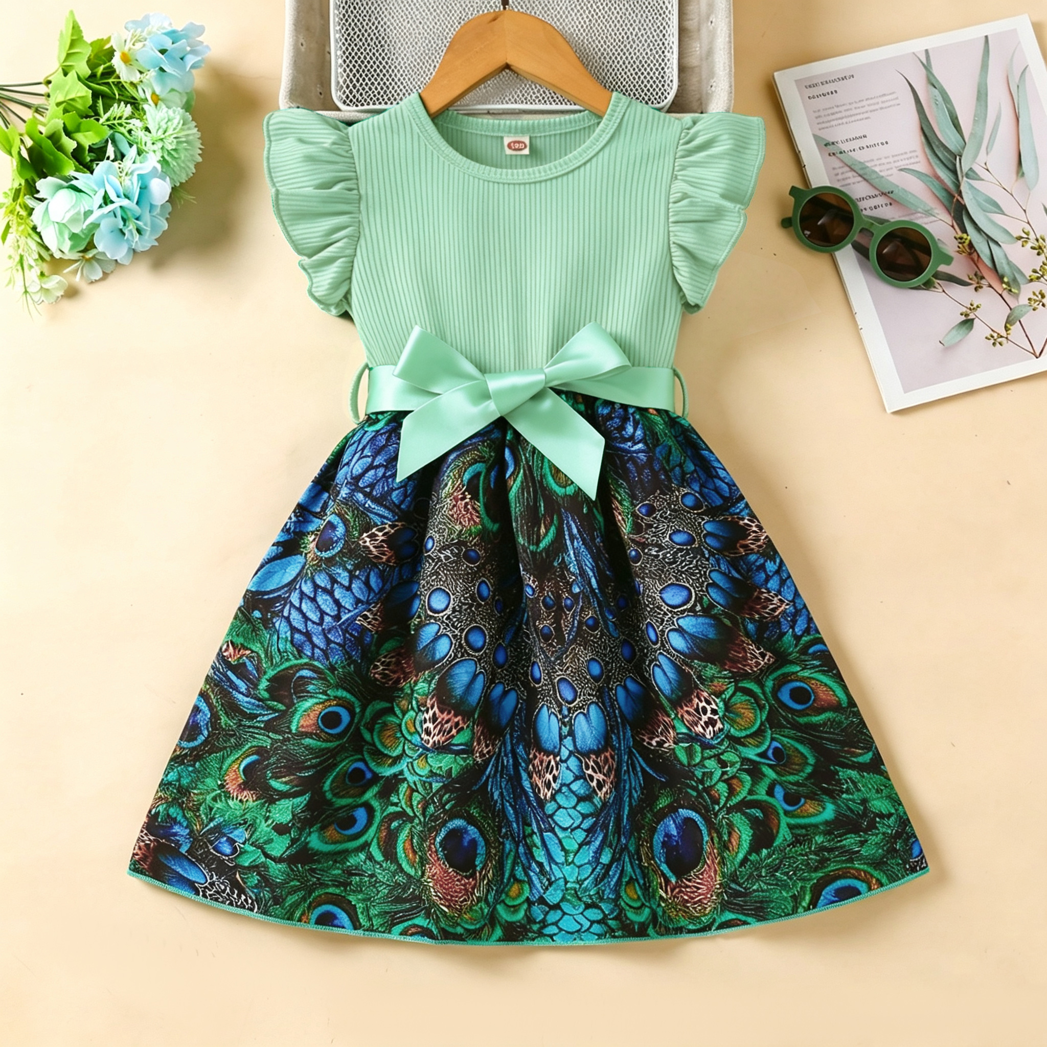Catpapa girl | 2-7Y Girls' Green Ruffle Sleeve Tribal Print Dress with Satin Bow, Soft & Breathable, for Daily & Party Wear | Kids fancy dresses
