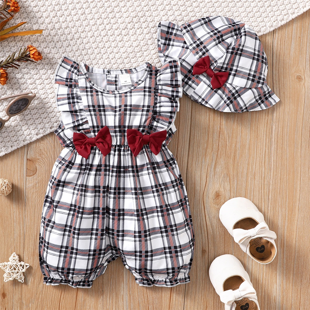 Catpapa girl |【2PCS】 0-18M Baby Girl Outfit | Ruffle Romper with Bows + Matching Sun Hat |Babies dress | Baby girls clothes sets outfits|Cute Summer Set