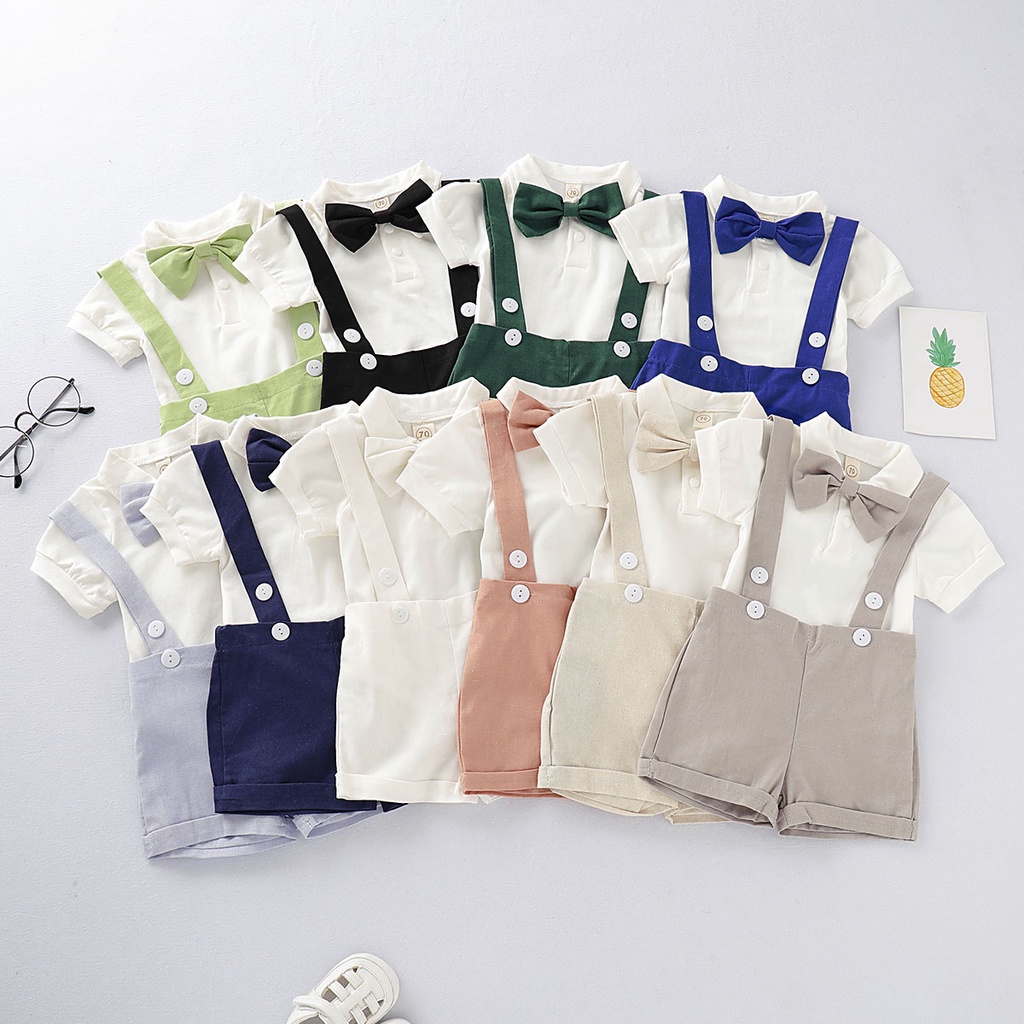 Catpapa boy |【2PCS】 6M-3Y Baby Boy Formal Outfit | Short Sleeve Shirt + Suspender Shorts with Bow Tie | Boys clothes fashions |Party Casual Wear