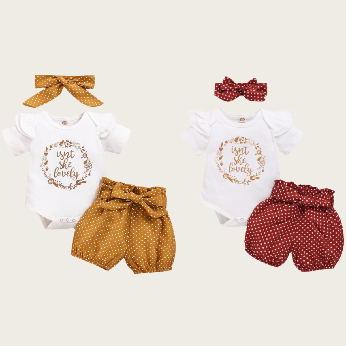 Catpapa girl /【3PCS】 0-18M Baby Girl Clothes Set | White "Isn't She Lovely" Print Romper +  Polka Dot Shorts + Bow Headband |Baby girls clothes sets outfits  | Casual Daily Wear