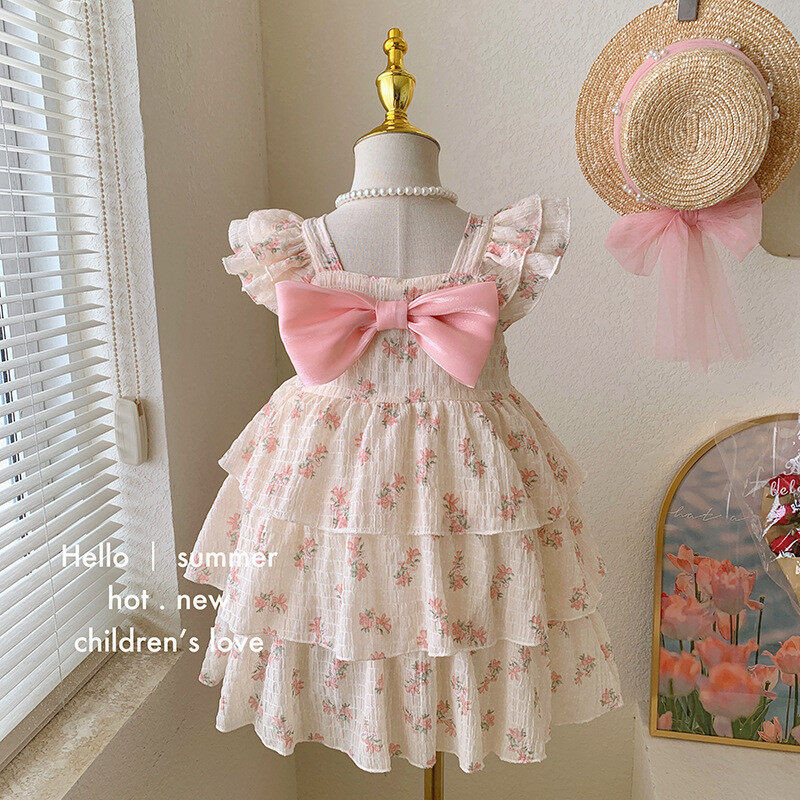Catpapa boy/ Dress for 1-6Years Baby&Child Layered pink purple bow paired with casual / Kids fancy dresses / fashionable, breathable floral patterns for spring and summer seasons Dress Outfit