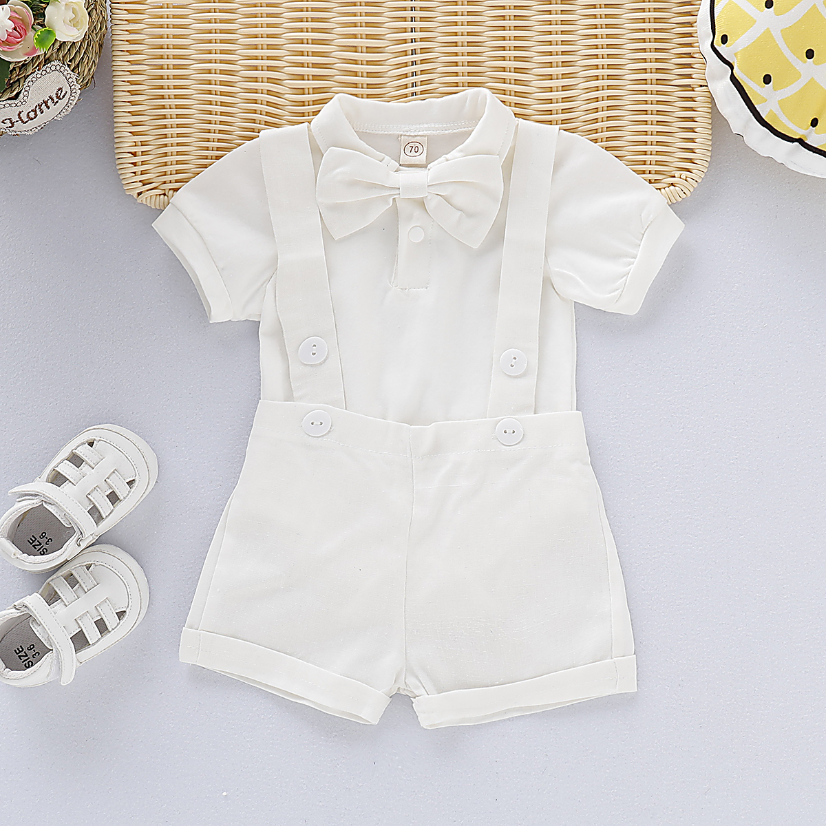 Catpapa boy |【2PCS】 6M-3Y Baby Boy Formal Outfit | Short Sleeve Shirt + Suspender Shorts with Bow Tie | Boys clothes fashions |Party Casual Wear