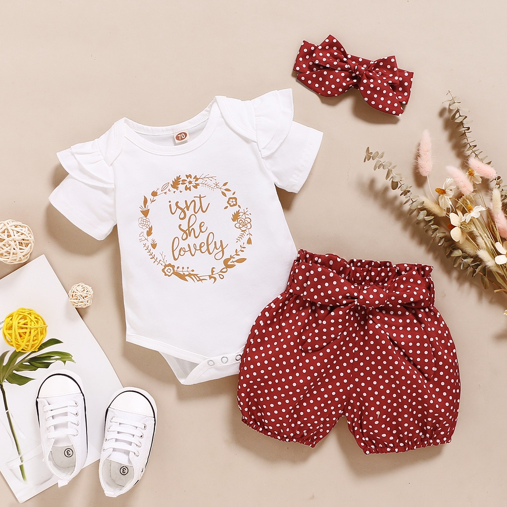 Catpapa girl /【3PCS】 0-18M Baby Girl Clothes Set | White "Isn't She Lovely" Print Romper +  Polka Dot Shorts + Bow Headband |Baby girls clothes sets outfits  | Casual Daily Wear