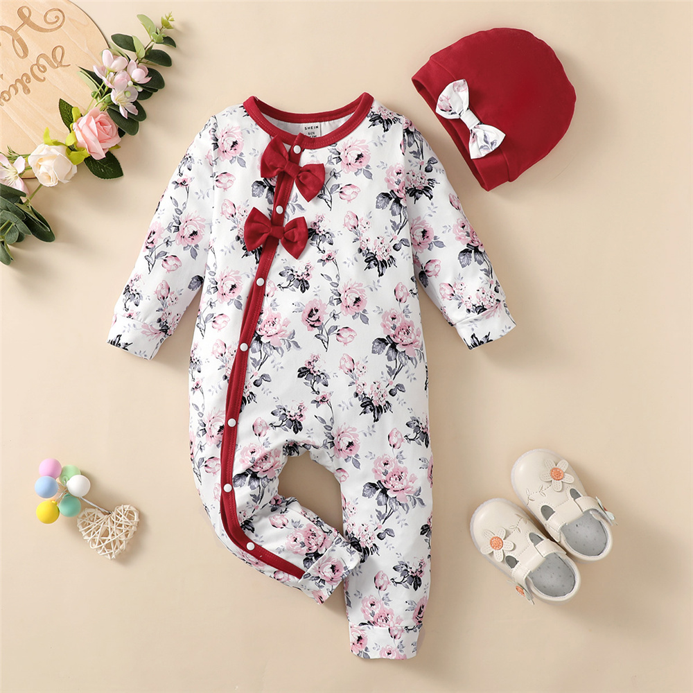 【0-18Months】 Newborn Baby Girl 2PCS Floral Print Romper Set, Long Sleeve Front Snap Jumpsuit with Bow Hat, Sweet Infant Outfit，Baby clothes for newborns