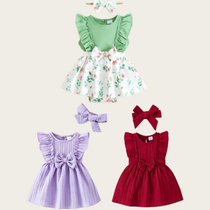 Catpapa girl /1-12Months Newborn Baby Bodysuit Set Sleeveless Ruffle Green Floral Skirt with Headwear Toddler Baby Girl Romper Fashion Cute Infant Baby Wear / Cute baby dresses