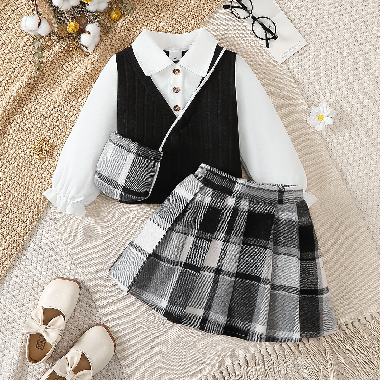 Catpapa girl |【3PCS】 4-7Y Toddler Girl Preppy Outfit | 2-in-1  Knit Vest White Shirt + Plaid Pleated Skirt + Matching Crossbody Bag | Kids fancy dresses | Catapa dresses| Kids fancy| Cool School Style