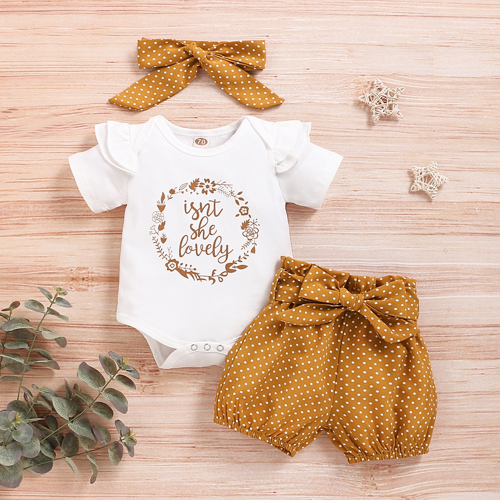 Catpapa girl /【3PCS】 0-18M Baby Girl Clothes Set | White "Isn't She Lovely" Print Romper +  Polka Dot Shorts + Bow Headband |Baby girls clothes sets outfits  | Casual Daily Wear
