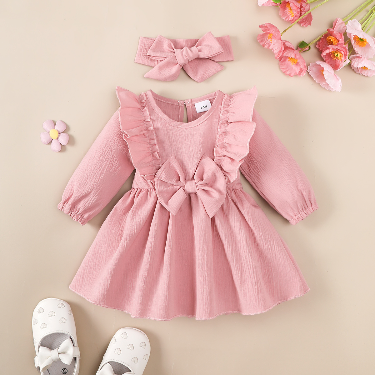Dress for 1-18Months Newborn&Toddler Baby Girl Dress with Ruffled Edges and Bow, Long Sleeved Dress and Headband Set