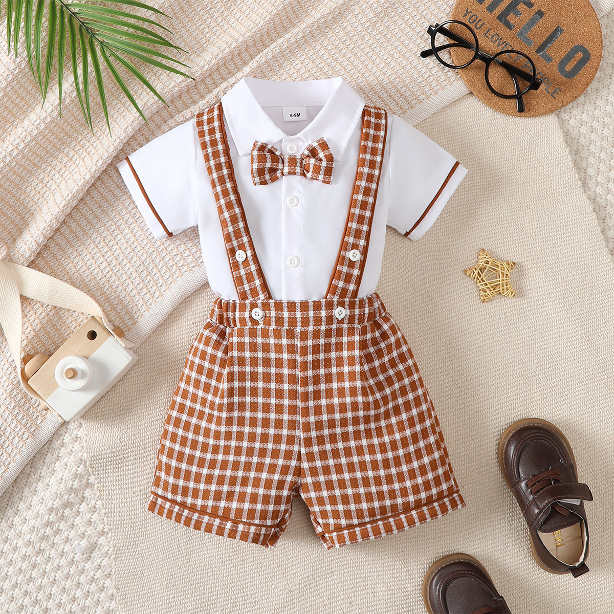 Catpapa boy |【2PCS】 6M-3Y Baby Boy Formal Outfit | Short Sleeve Shirt + Suspender Shorts with Bow Tie | Boys clothes fashions |Party Casual Wear