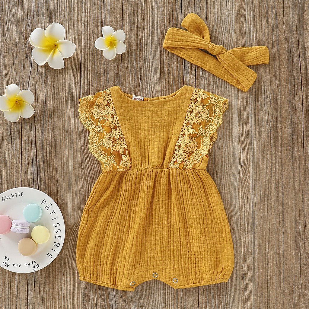 Catpapa girl |【2PCS】 0-18M Baby Girl Set | Lace Trim Romper + Matching Bow Headband | Baby girls clothes sets outfits | Cute baby dresses | 3 months baby girl dress | Soft Summer Outfit