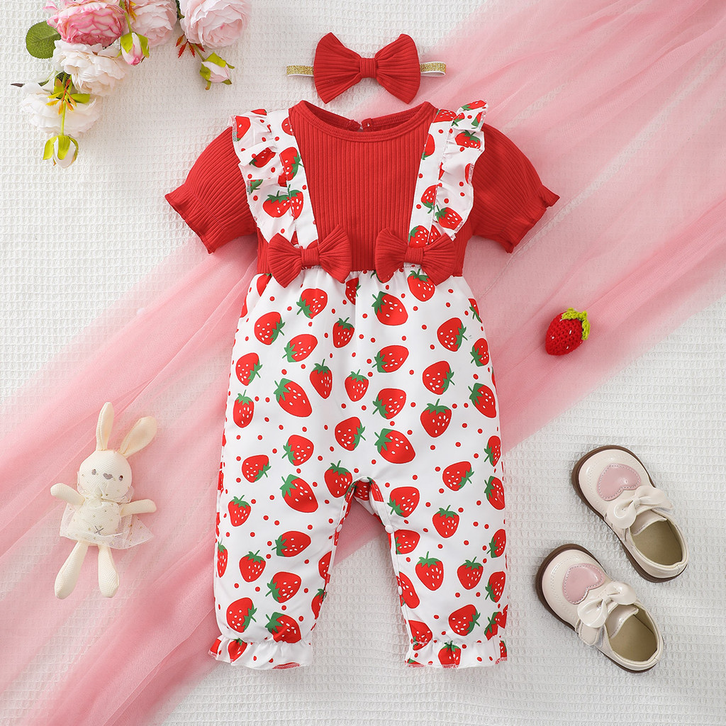 Catpapa girl |【0-18 Months】 Baby Girl Floral Print Romper Set | Short-Sleeve Jumpsuit with Bow Headband | Cute Summer Crawler Outfit | Baby girls clothes sets outfits | Cute baby dresses