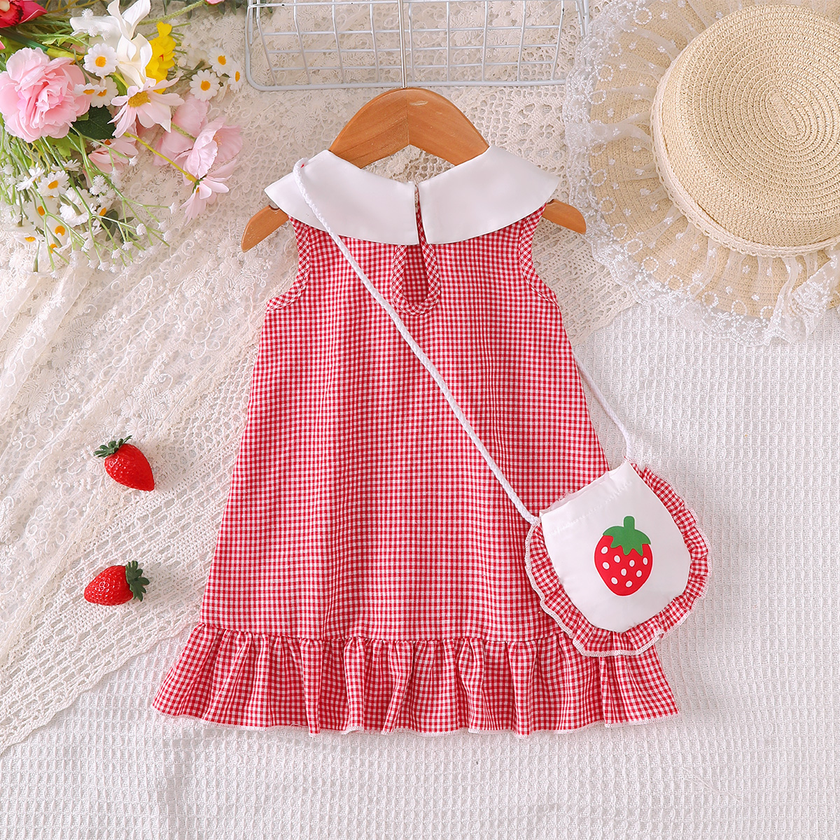Catpapa girl | 0-3Y Baby Girls' Strawberry Print Gingham A-Line Dress with Matching Bag, Lightweight & Comfortable, for Beach & Casual Outings | baby girls clothes sets outfits | BabyDress