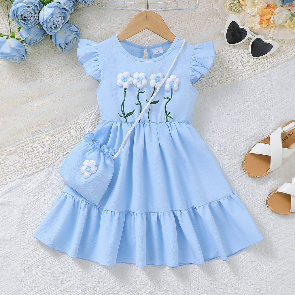 Catpapa girl |【2PCS】 18M-6Y Toddler Girl Set | Floral Embroidery Dress with Ruffle Hem + Matching Flower Bag | Kids fancy dresses| Baby girl dresses|Elegant Casual Wear
