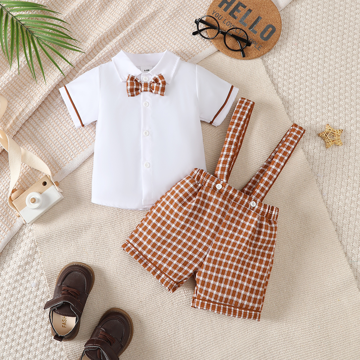 Catpapa boy |【2PCS】 6M-3Y Baby Boy Formal Outfit | Short Sleeve Shirt + Suspender Shorts with Bow Tie | Boys clothes fashions |Party Casual Wear