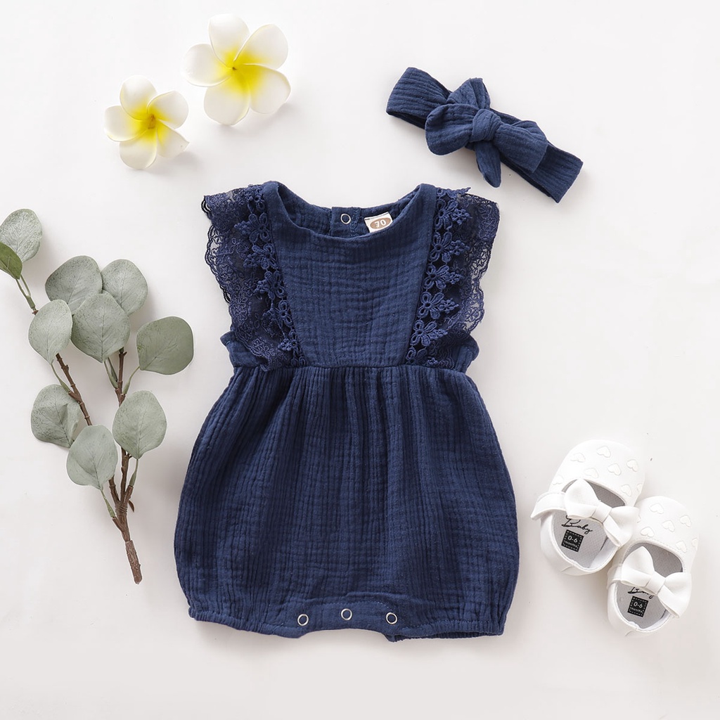 Catpapa girl |【2PCS】 0-18M Baby Girl Set | Lace Trim Romper + Matching Bow Headband | Baby girls clothes sets outfits | Cute baby dresses | 3 months baby girl dress | Soft Summer Outfit