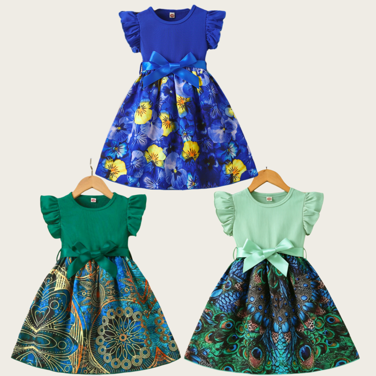 Catpapa girl | 2-7Y Girls' Green Ruffle Sleeve Tribal Print Dress with Satin Bow, Soft & Breathable, for Daily & Party Wear | Kids fancy dresses