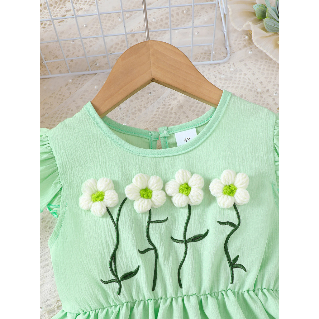 Catpapa girl |【2PCS】 18M-6Y Toddler Girl Set | Floral Embroidery Dress with Ruffle Hem + Matching Flower Bag | Kids fancy dresses| Baby girl dresses|Elegant Casual Wear