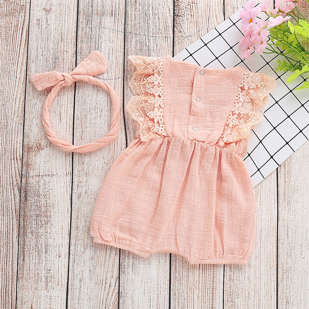 Catpapa girl |【2PCS】 0-18M Baby Girl Set | Lace Trim Romper + Matching Bow Headband | Baby girls clothes sets outfits | Cute baby dresses | 3 months baby girl dress | Soft Summer Outfit