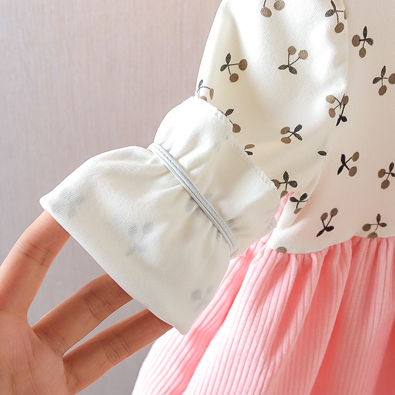Catpapa girl |【2PCS】 18M-6Y Toddler Girl Outfit | Floral Print Long Sleeve Top + Corduroy Suspender Dress with Bear Appliques | Baby girls clothes sets outfits | Kids fancy dresses |Cute Fall Set