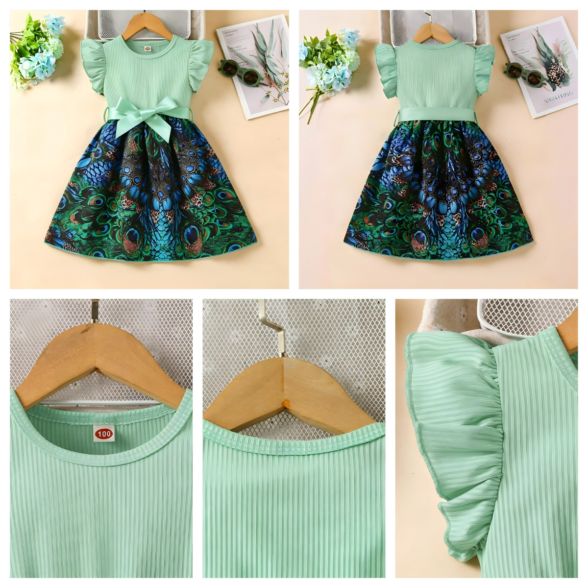 Catpapa girl | 2-7Y Girls' Green Ruffle Sleeve Tribal Print Dress with Satin Bow, Soft & Breathable, for Daily & Party Wear | Kids fancy dresses