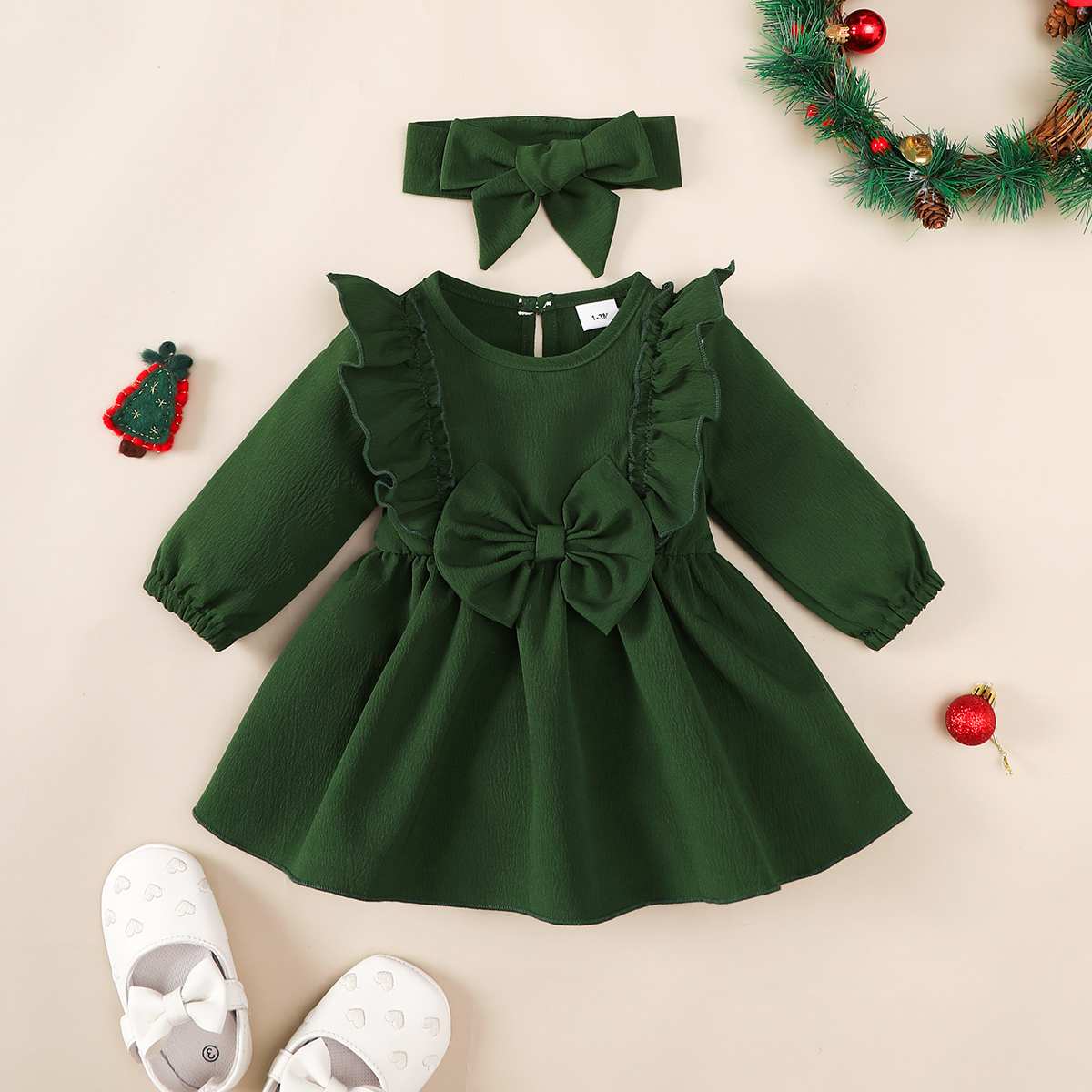 Dress for 1-18Months Newborn&Toddler Baby Girl Dress with Ruffled Edges and Bow, Long Sleeved Dress and Headband Set