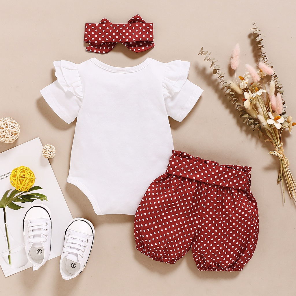 Catpapa girl /【3PCS】 0-18M Baby Girl Clothes Set | White "Isn't She Lovely" Print Romper +  Polka Dot Shorts + Bow Headband |Baby girls clothes sets outfits  | Casual Daily Wear