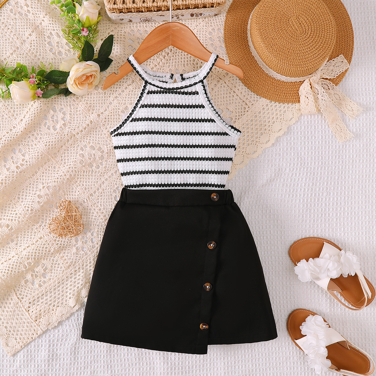 Catpapa girl | 4-7Y Girls' Sleeveless Knit Halter Top & Wrap Button Skirt Outfit, Lightweight & Comfortable, for Casual Outings & Playdates | Two piece set for kids girls