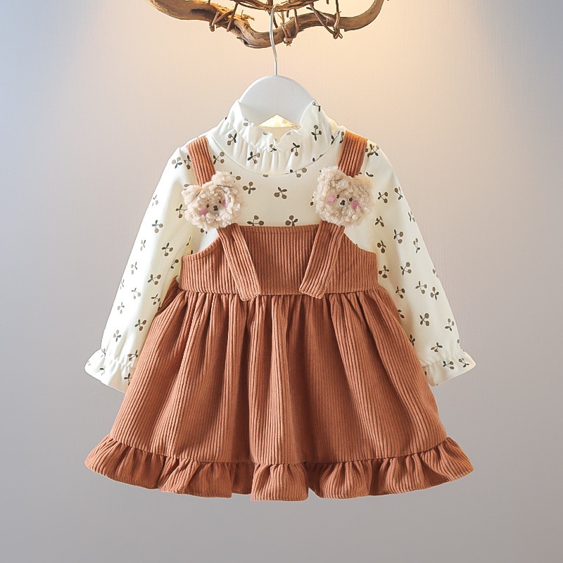 Catpapa girl |【2PCS】 18M-6Y Toddler Girl Outfit | Floral Print Long Sleeve Top + Corduroy Suspender Dress with Bear Appliques | Baby girls clothes sets outfits | Kids fancy dresses |Cute Fall Set