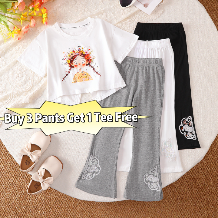 【Buy 3 Pants Get 1 Tee Free 】1-7Y Girls'  Graphic Irregular Hem T-Shirt +Multi-Color Embroidery Flare Leg Trousers Bundle,, Breathable & Stretchable, for Summer Playdates & Daily Activi
