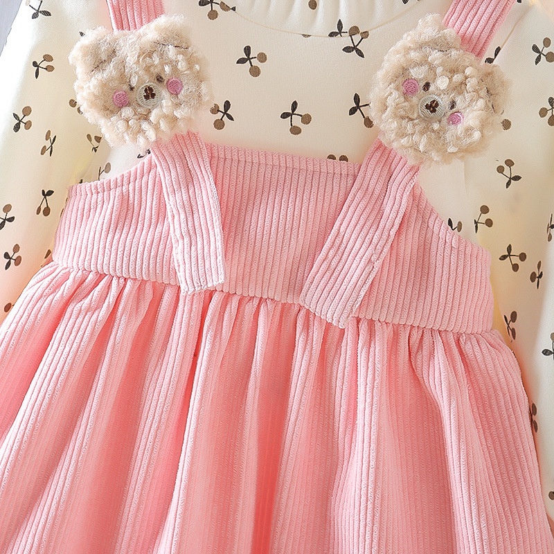 Catpapa girl |【2PCS】 18M-6Y Toddler Girl Outfit | Floral Print Long Sleeve Top + Corduroy Suspender Dress with Bear Appliques | Baby girls clothes sets outfits | Kids fancy dresses |Cute Fall Set