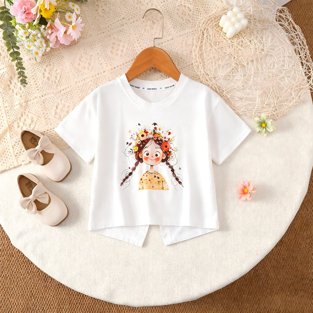 【Buy 3 Pants Get 1 Tee Free 】1-7Y Girls'  Graphic Irregular Hem T-Shirt +Multi-Color Embroidery Flare Leg Trousers Bundle,, Breathable & Stretchable, for Summer Playdates & Daily Activi