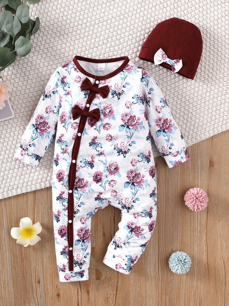 【0-18Months】 Newborn Baby Girl 2PCS Floral Print Romper Set, Long Sleeve Front Snap Jumpsuit with Bow Hat, Sweet Infant Outfit，Baby clothes for newborns