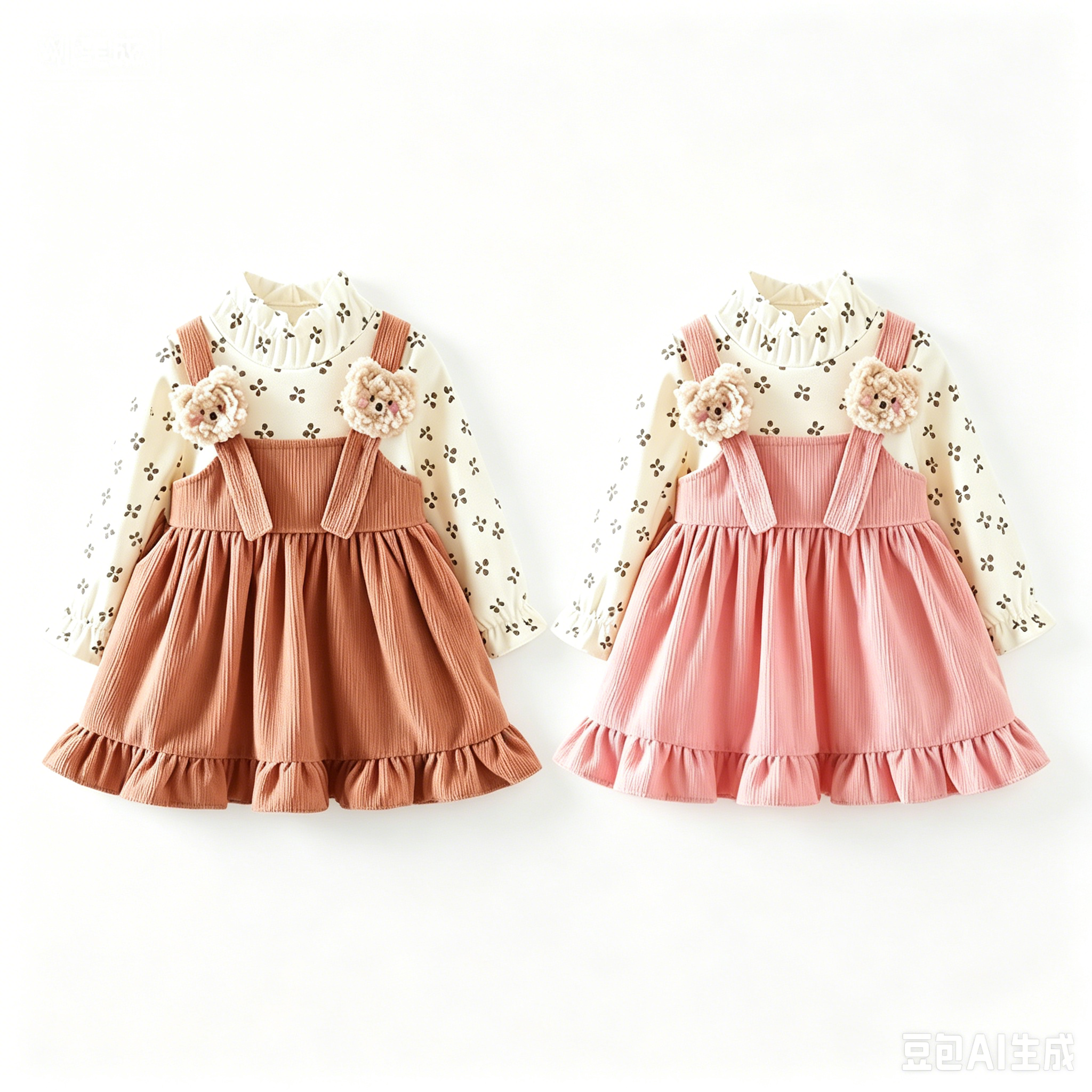 Catpapa girl |【2PCS】 18M-6Y Toddler Girl Outfit | Floral Print Long Sleeve Top + Corduroy Suspender Dress with Bear Appliques | Baby girls clothes sets outfits | Kids fancy dresses |Cute Fall Set