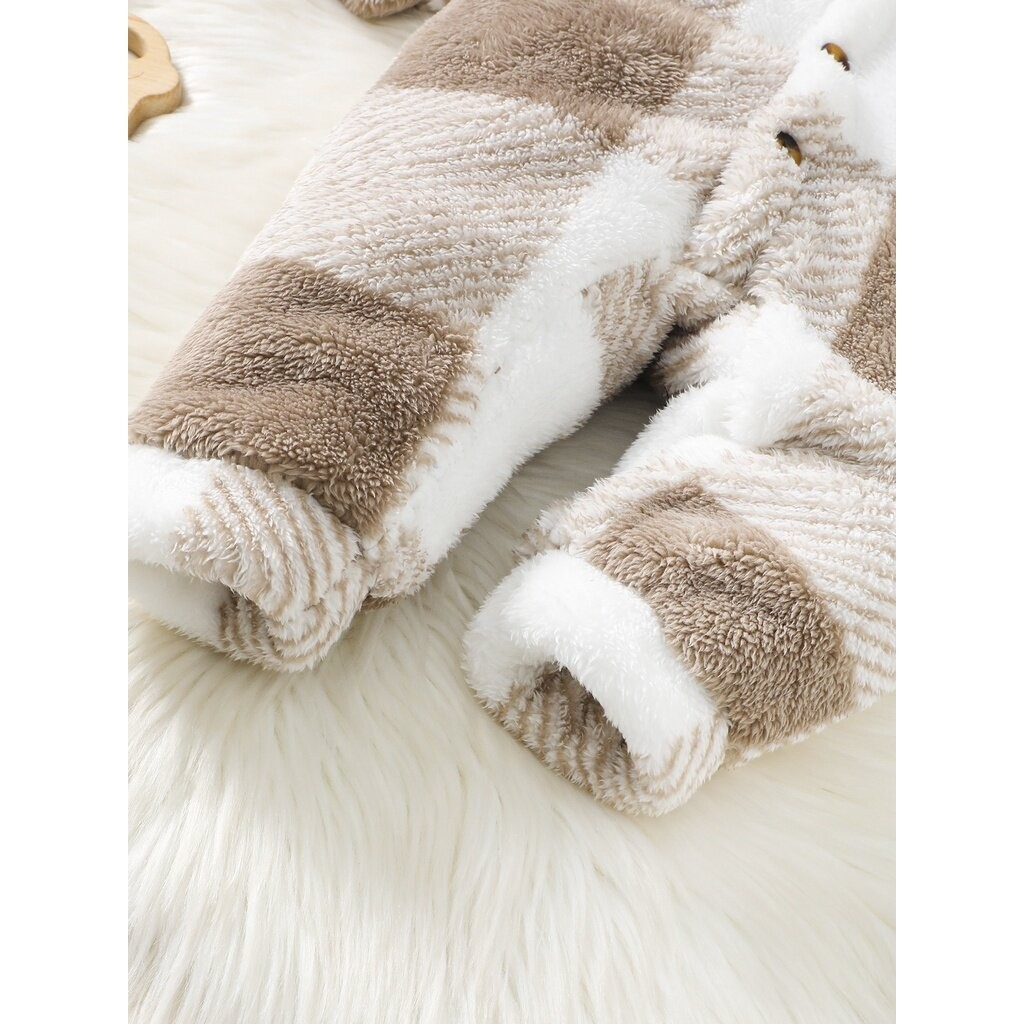 Catpapa boy /【3-24M】 Baby Boy Khaki Plaid Hooded Fleece Jumpsuit | Autumn Winter Warm Crawling Suit | Plush Long-Sleeve Outdoor Romper for Infants | Babies dress |  2 years old clothes