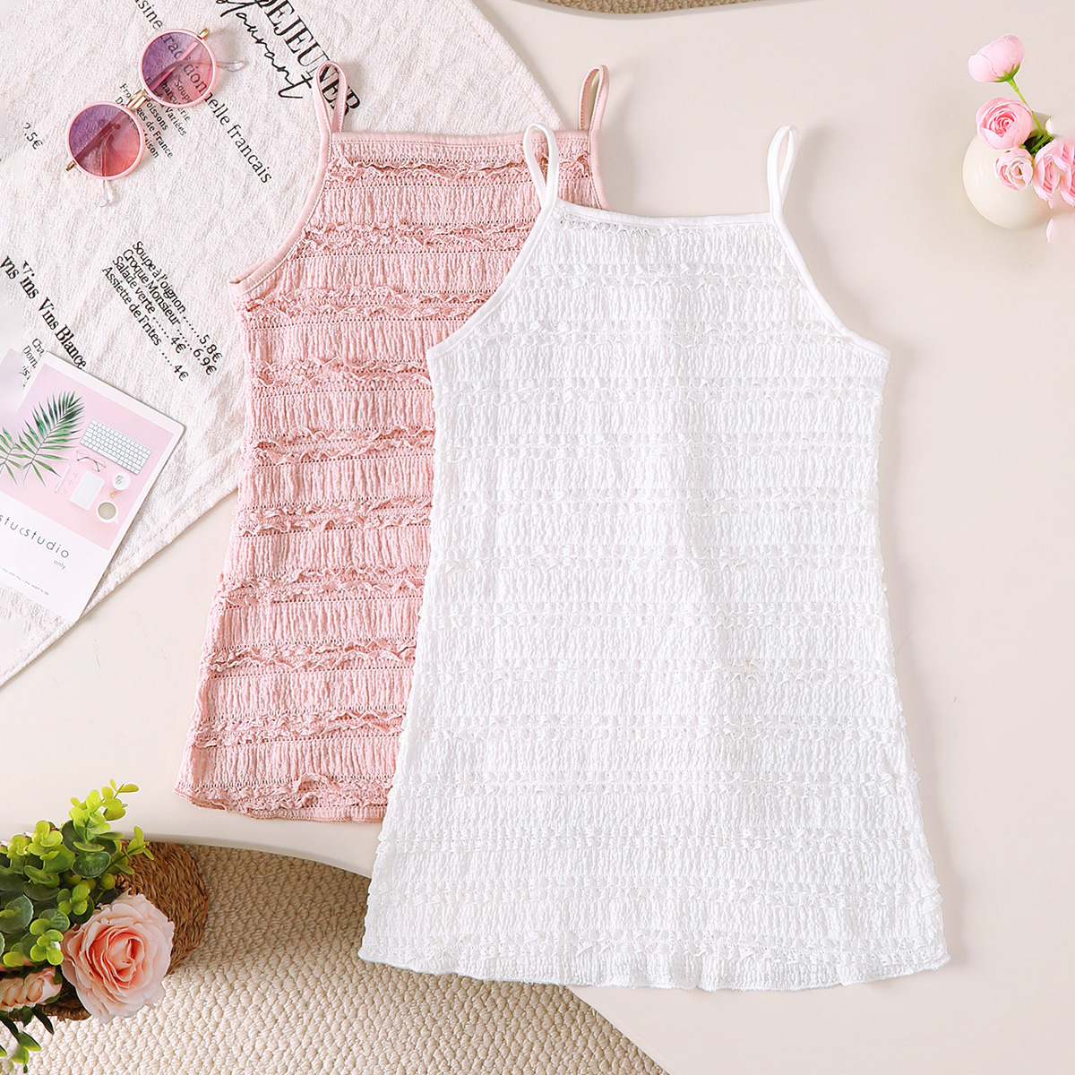 Catpapa girl |0-2Y Baby Girls' 2 Colors Lace Smocked Sling Dress, Ruffle Hem Thin Camisole Sundress, Soft & Breathable, for Daily Home Wear & Summer Casual Outings | Kids fancy dresses