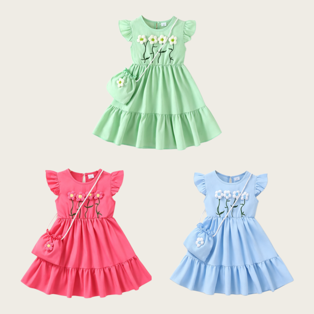 Catpapa girl |【2PCS】 18M-6Y Toddler Girl Set | Floral Embroidery Dress with Ruffle Hem + Matching Flower Bag | Kids fancy dresses| Baby girl dresses|Elegant Casual Wear